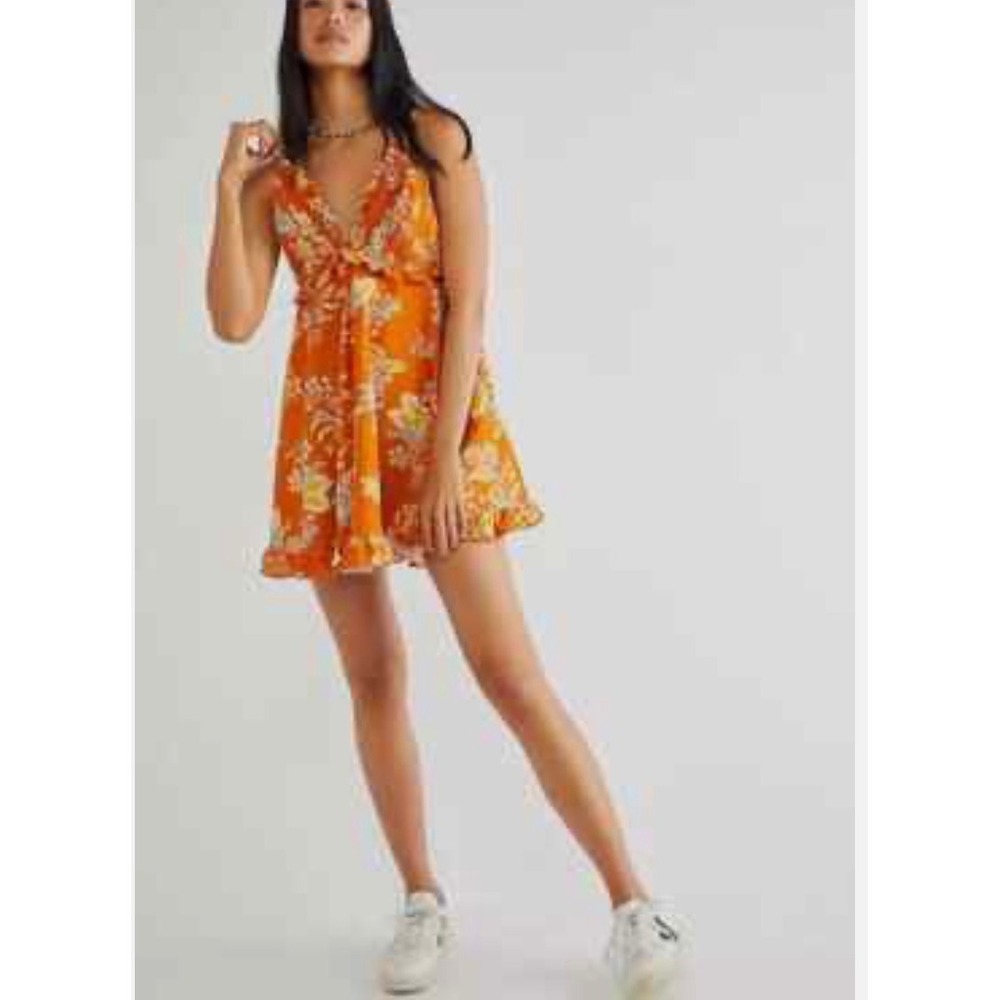 Free People Mini Dress Corduroy Looking Glass Orange Floral XS Boho Retro